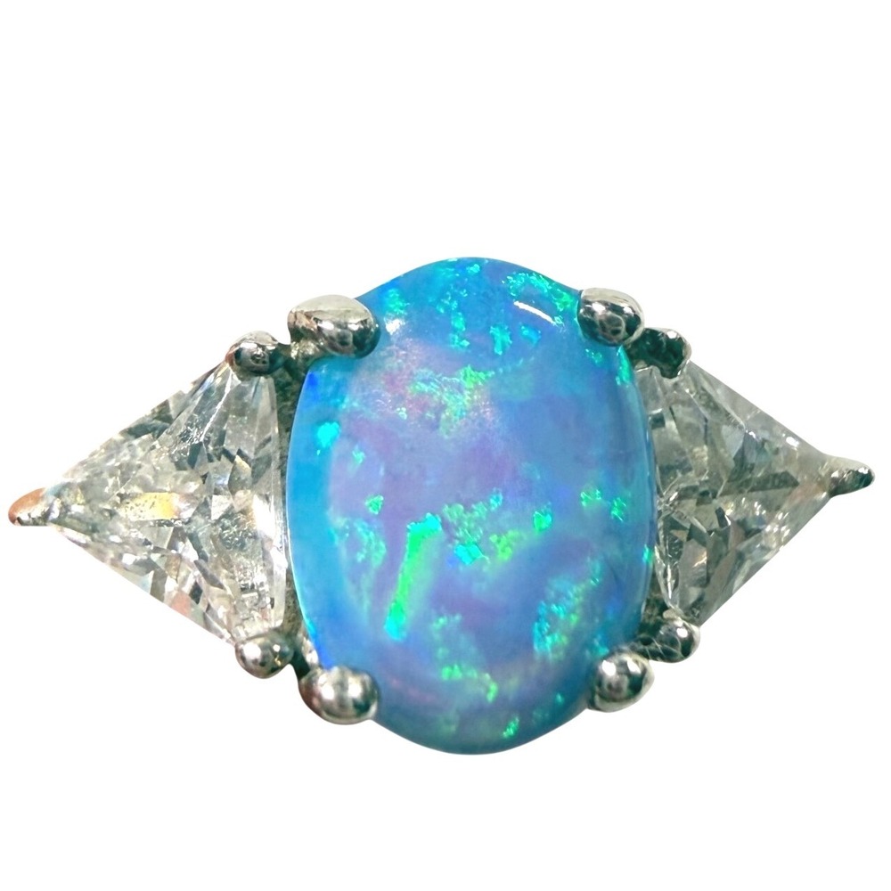 AVON Sterling Silver 925 Blue Lab Opal CZ Three Stone Ring Size 5 Vintage 1990s